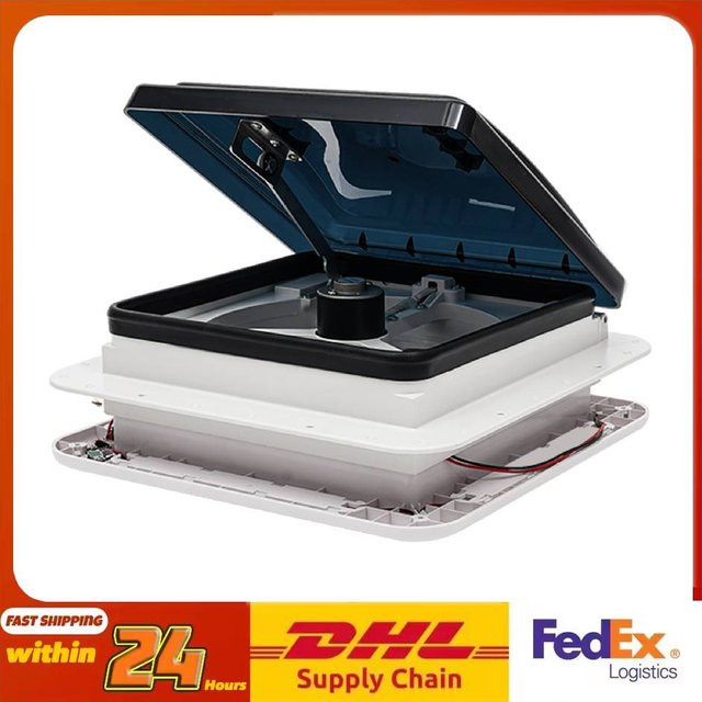 CE-Dachlüftungsventilator aus Edelstahl mit LED-Licht und Insektenschutz für Wohnmobil und Wohnwagen, Farbe: Silber/Weiß, B/T: 28 x 28 cm - Bild 1