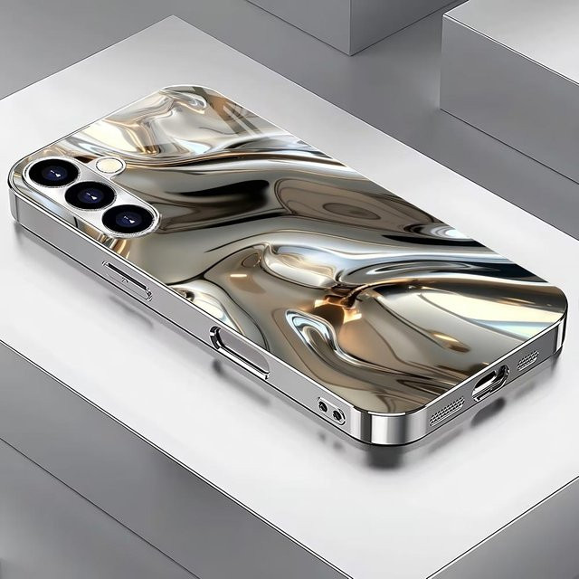 Samsung Galaxy S26 S25 S24 S23 S22 Handyhülle mit Metall-Flüssigkeitsdynamik-Glas-Design in Silber, Anti-Drop Schutz Rückseite - Bild 1