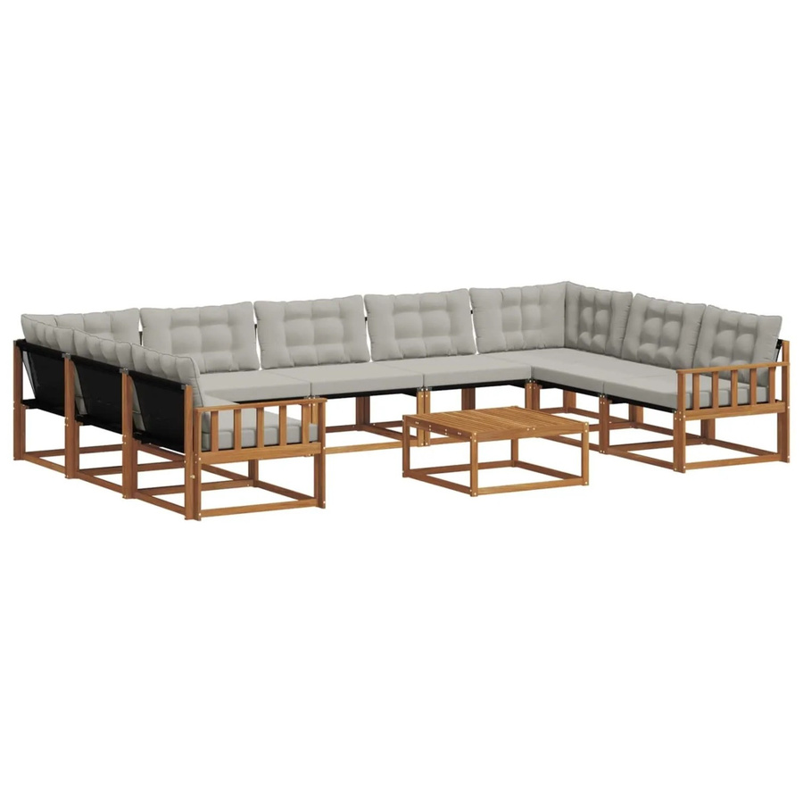 vidaXL Outdoor-Sofagarnitur in U-Form aus massivem Akazienholz mit Textilene und Kissen, 10-teiliges Set, Natur und Hellgrau - Bild 2