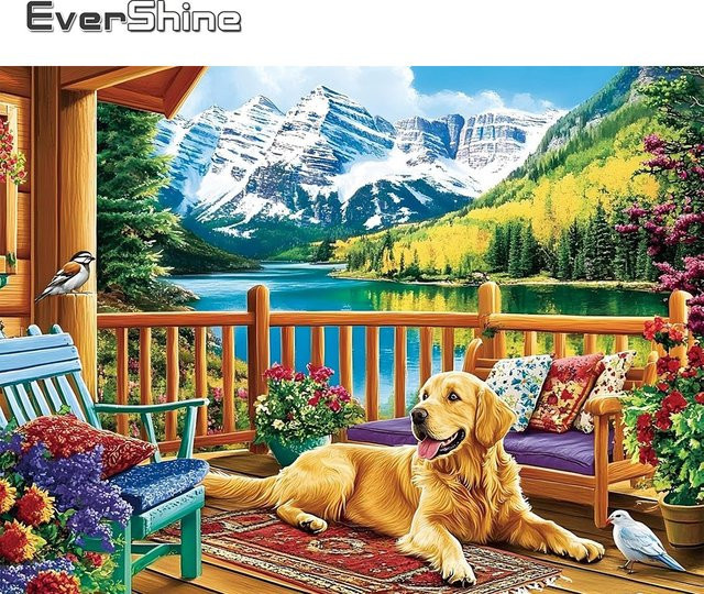Evershine 5D-Diamant-Mosaik Set Berglandschaft mit Hund, Wanddekoration für Erwachsene und Anfänger, Mehrfarbig, Durchmesser: 20,0 cm - Bild 1