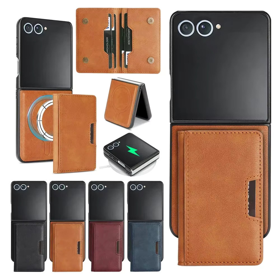Luxus 2in1 Leder Brieftasche und Handyhülle mit Kartenhalter und magnetischer kabelloser Ladefunktion für Samsung Galaxy Z Flip 7FE, 6, 5, 4, 3 in Blau oder Braun - Bild 4