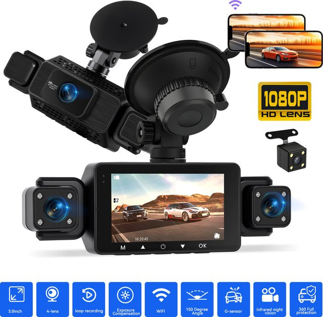 Podofo Dashcam mit 1080P Full HD, WIFI App-Steuerung, 4 Linsen, Nachtsicht und Bewegungserkennung in Schwarz - Bild 1