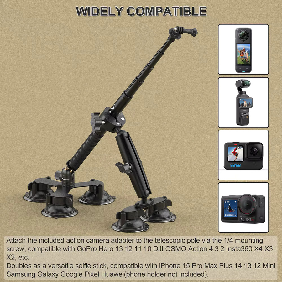 MINIFOCUS 5-in-1 Saugnapf-Autohalterung für Insta360 X4, X3, X2, X, One RS und R sowie GoPro Action-Kameras inklusive Selfie-Stick in Schwarz - Bild 2