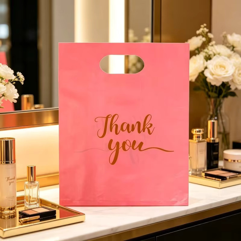 Dankeschön Geschenktüten aus Kunststoff in Weiß und Pink für Boutiquen und Geburtstagsfeiern - Bild 2
