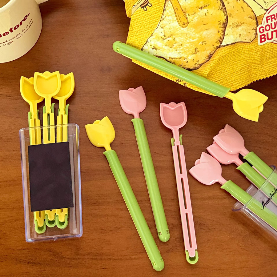 5 Stück Tulpen-Magnetverschlussclips in Pink aus Kunststoff zum feuchtigkeitsbeständigen Verschließen von Snacks - Bild 2