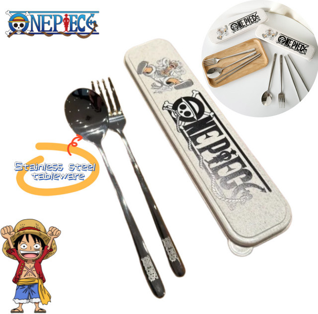One Piece Ruffy Anime Besteckset aus Edelstahl in Silber, bestehend aus Löffel, Gabel und Stäbchen - Bild 1