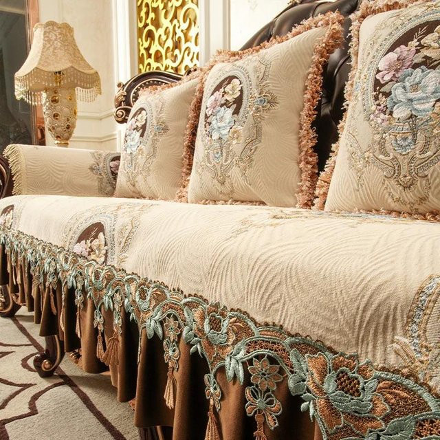 Rutschfester Jacquard Sofabezug mit Spitze in Beige für Sessel und Sofas, Kissenbezug B: 33 cm, H: 50 cm - Bild 1