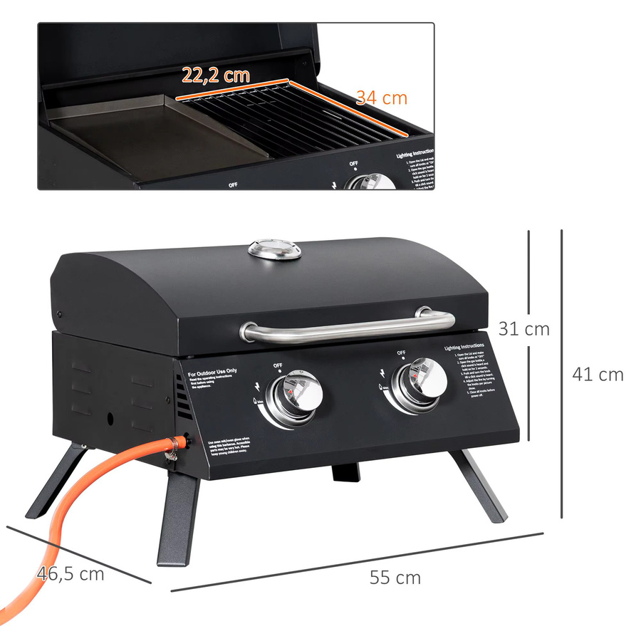 Faltbarer Gasgrill mit 2 Brennern und Thermometer aus Kohlenstoffstahl in Schwarz, B/T/H: 55 x 46,5 x 41 cm - Bild 5