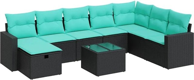 vidaXL 9-teilige Garten-Sofagarnitur in L-Form aus schwarzem Poly-Rattan mit Kissen und pulverbeschichtetem Stahlgestell - Bild 1