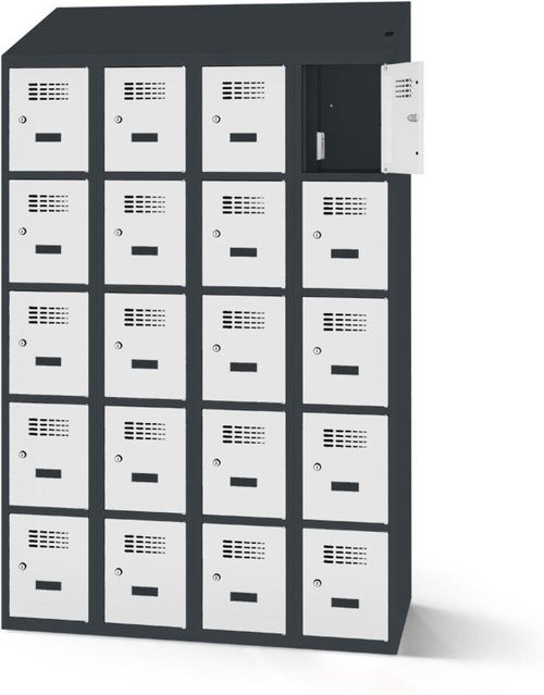 rotstahl Fächerschrank mit 20 Fächern und Ladefunktion, anthrazitgrauer Korpus und hellgraue Türen, B: 120 cm, H: 200 cm - Bild 1
