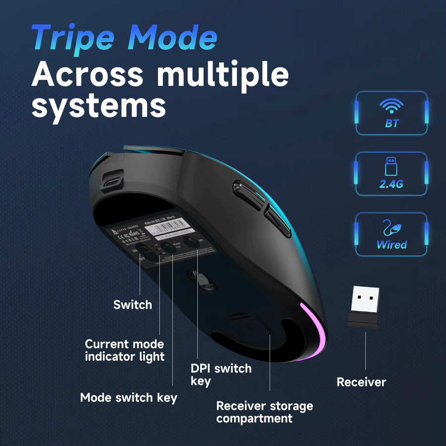 AJAZZ NJ08 MC Drei-Modus Wireless Gaming- und Büromaus in Weiß mit ultraleichtem Design und 1000Hz Berichtsrate via Bluetooth und Wi-Fi - Bild 2