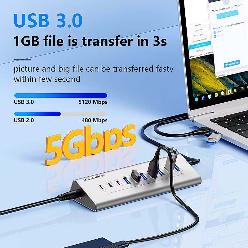 Kebidumei USB 3.0 Hub Dockingstation mit 4/7/10 Ports als USB-A und USB-C Expander aus Aluminium in Silber - Bild 3