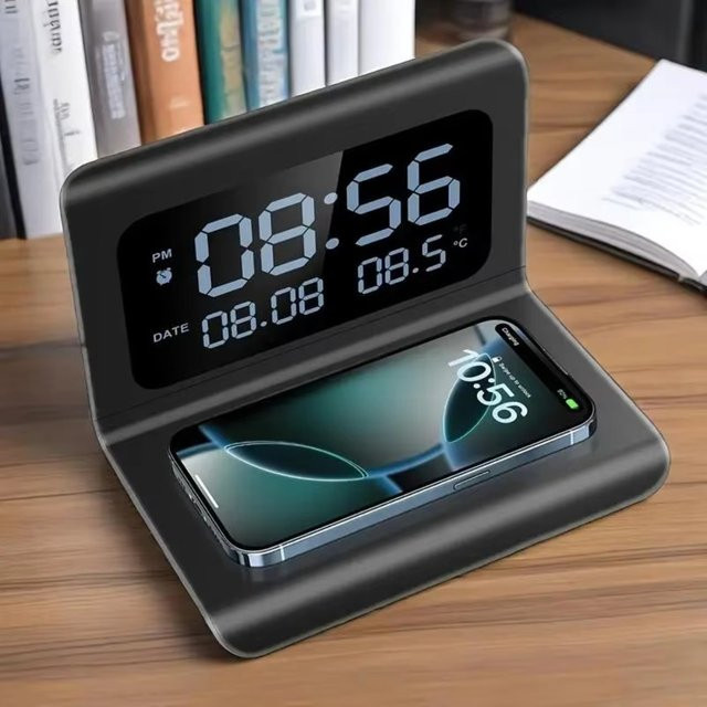 VIKEFON 3-in-1 Kabelloses Ladegerät mit integrierter Digitaluhr in Schwarz - Bild 1