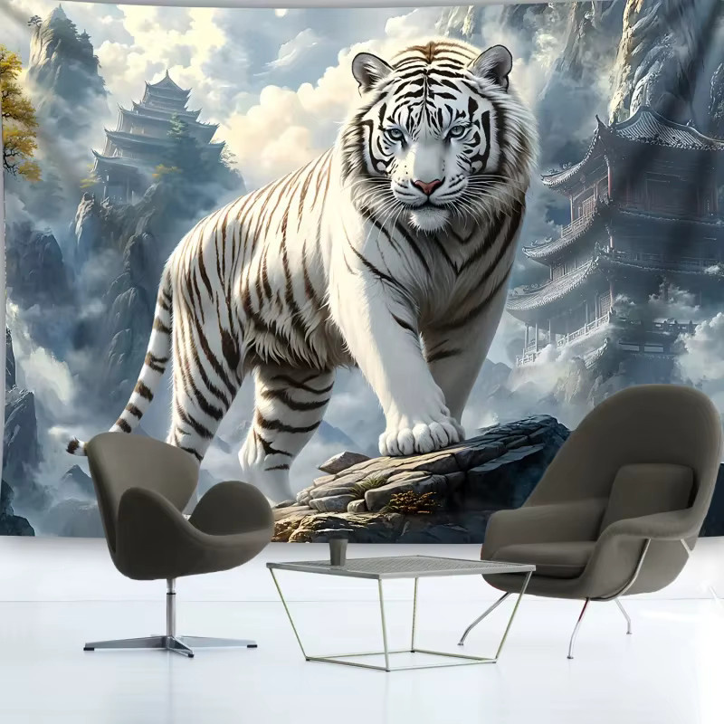 VIKAMA Wandteppich mit weißem Tiger und Bergtempel in Naturlandschaft, orientalischer Wandbehang in Multicolour, B/H: 60 x 40 cm - Bild 2