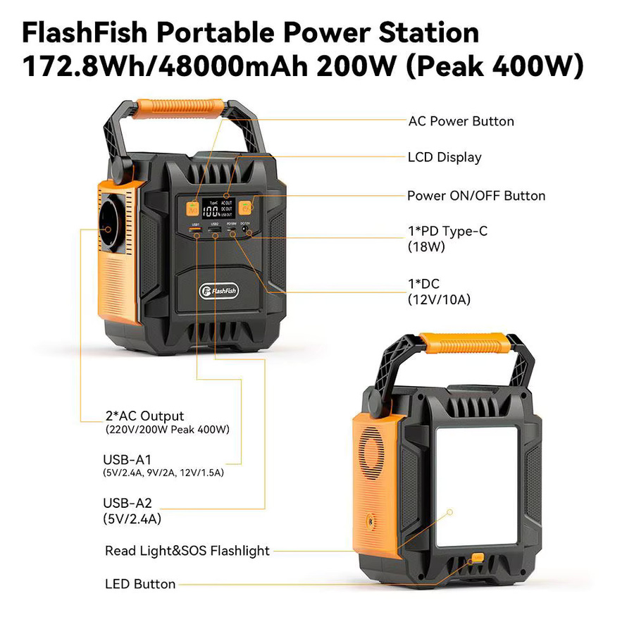 FlashFish A201 Tragbare Powerstation 172,8Wh 200W mit 230V AC-Steckdose und LED-Solargenerator - Bild 2