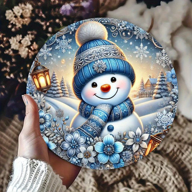 Potdemiel Blauer Schneemann Runde Metall-Wandkunst im Retro-Stil, Durchmesser: 20,32 cm - Bild 1