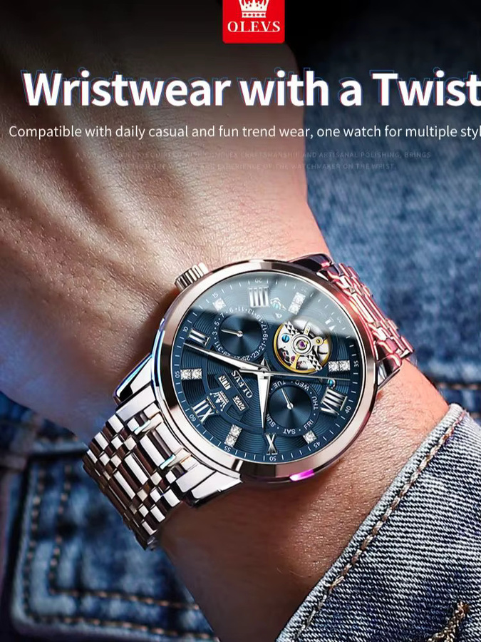 OLEVS Herrenuhr, Automatik, Edelstahl, Blau, Herren - Bild 6