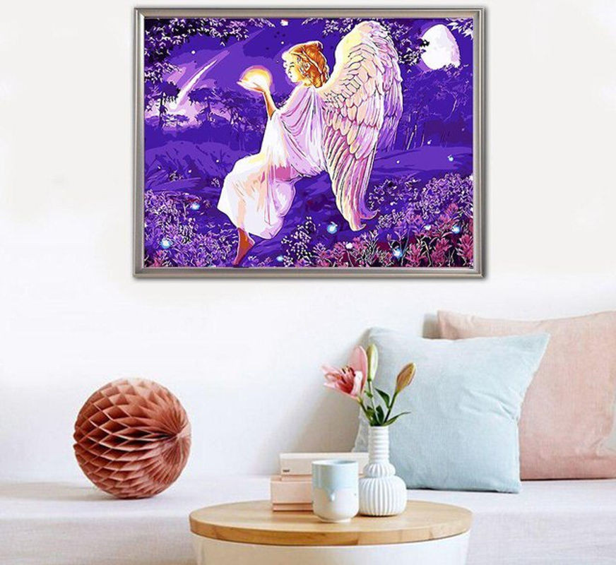 FIYO Malen nach Zahlen Set Engel Porträt auf Leinwand in Lila, Hochformat 20 x 30 cm - Bild 1