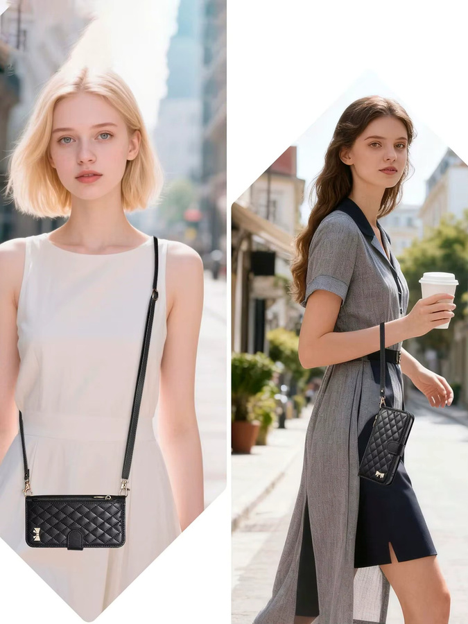 Honor Crossbody-Handyhülle aus PU-Leder mit Reißverschluss, Handschlaufe und Klappfunktion in Schwarz - Bild 1