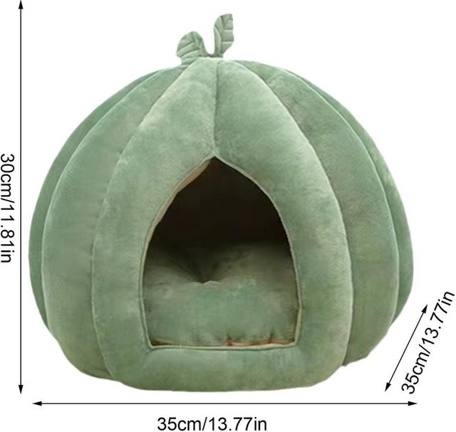 Gemütliches Katzenhaus in Kürbisform aus Korallen Fleece als geschlossene Katzenhöhle und Winterbett für Katzen und kleine Hunde in Korallen - Bild 1