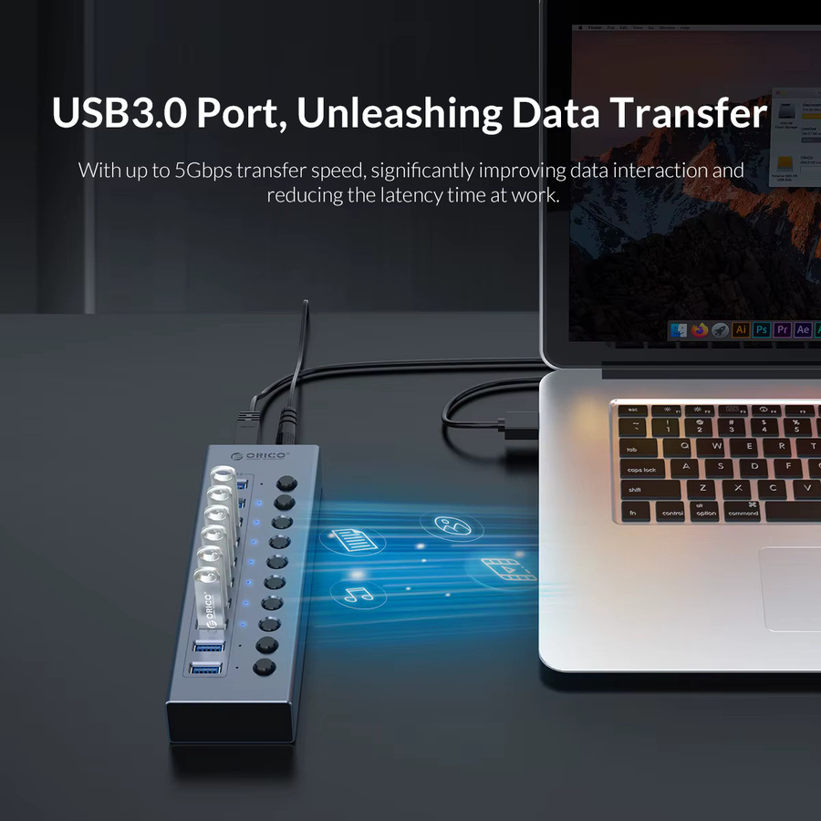ORICO USB 3.0 Hub mit Ein-Aus-Schalter und Stromversorgung in Silber - Bild 3