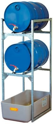 CEMO Fassregal Typ 120 Variante 1 mit Auffangwanne und Fassauflage für 2 x 60-L-Fässer, Grau-Blau, B: 82,0 cm, T: 45,0 cm, H: 131,0 cm - Bild 1