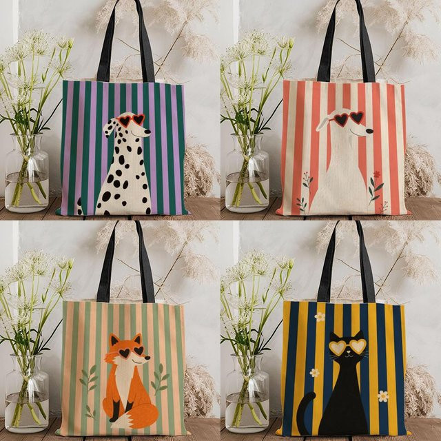 Wiederverwendbare Canvas-Tragetasche mit Tiermotiven und Streifenmuster in Schwarz und Multicolour, B/T/H: 30 x 30 x 30 cm - Bild 1