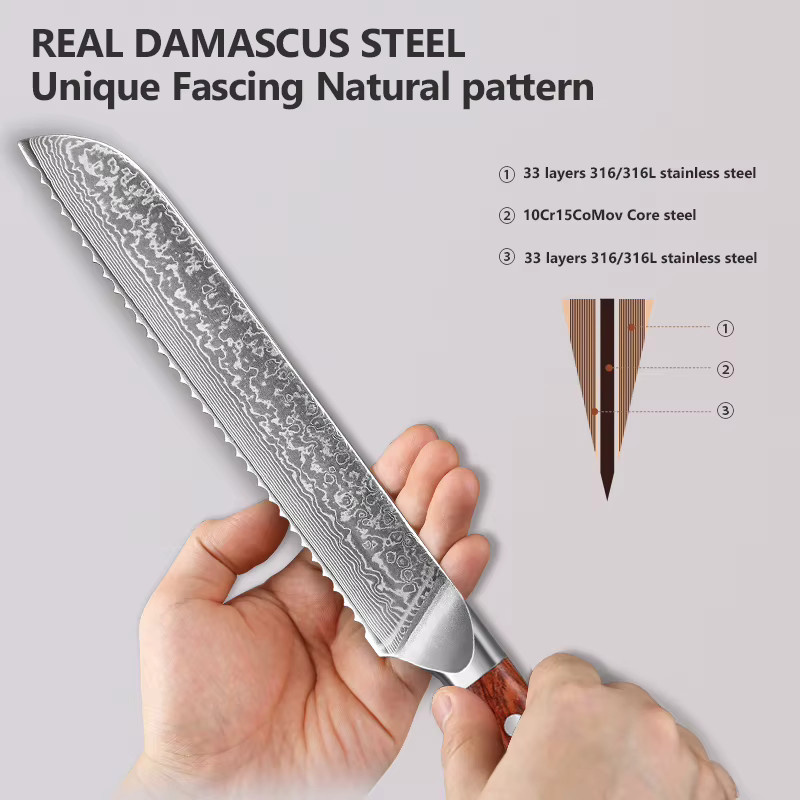 Baovim Brotmesser aus Damaststahl mit Palisandergriff, 20,32 cm, Silber - Bild 5
