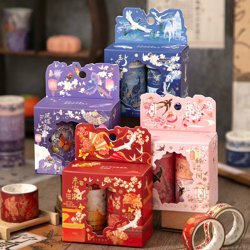 5er Set dekorative Papierrollen im chinesischen Retro-Stil mit Landschaftsmotiven und Bronzing-Effekt - Bild 3