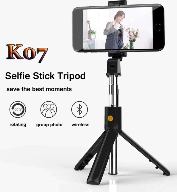 ChouBo four K07 3-in-1 Kabelloser Bluetooth Selfie Stick mit Stativ und Fernauslöser für Android und iPhone, Schwarz - Bild 1
