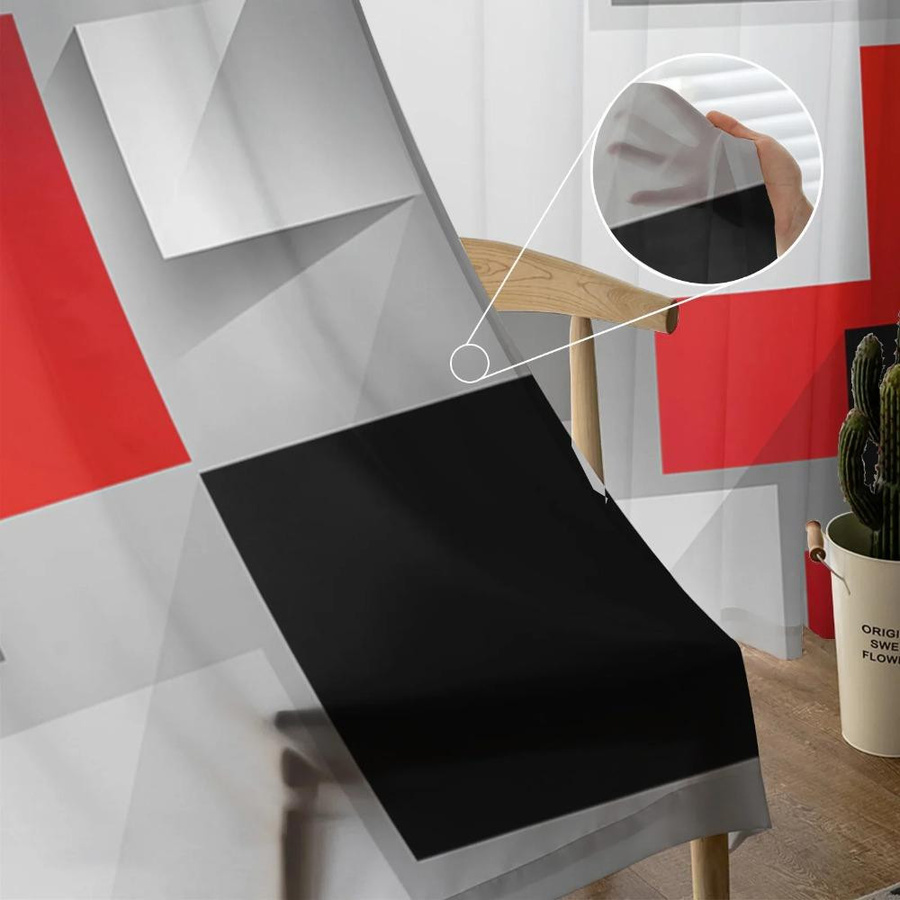 Yiran Furniture Transparente Voile-Vorhänge mit abstraktem geometrischem Muster in Rot, Schwarz und Grau, Breite: 135 cm, Höhe: 115 cm - Bild 2