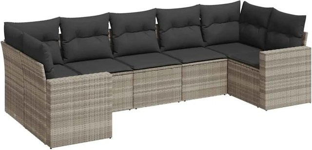 vidaXL 7-teilige Garten-Sofagarnitur in L-Form aus PE-Rattan und pulverbeschichtetem Stahl in Hellgrau mit UV-beständigen Polsterkissen - Bild 1