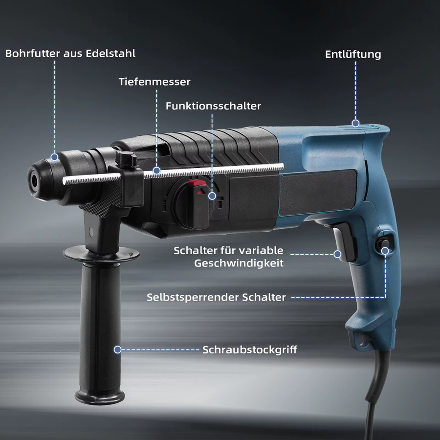 Elektrischer Bohrhammer mit 3000W und 4 Funktionen, SDS Plus Abbruchhammer in Blau inklusive Meißeln, Bohrer und Tragetasche - Bild 3