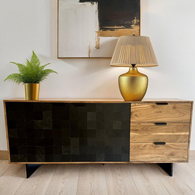 Sideboard FineBuy Massivholz in Braun mit Steinoptik und modernem Design, Breite: 175 cm - Bild 1