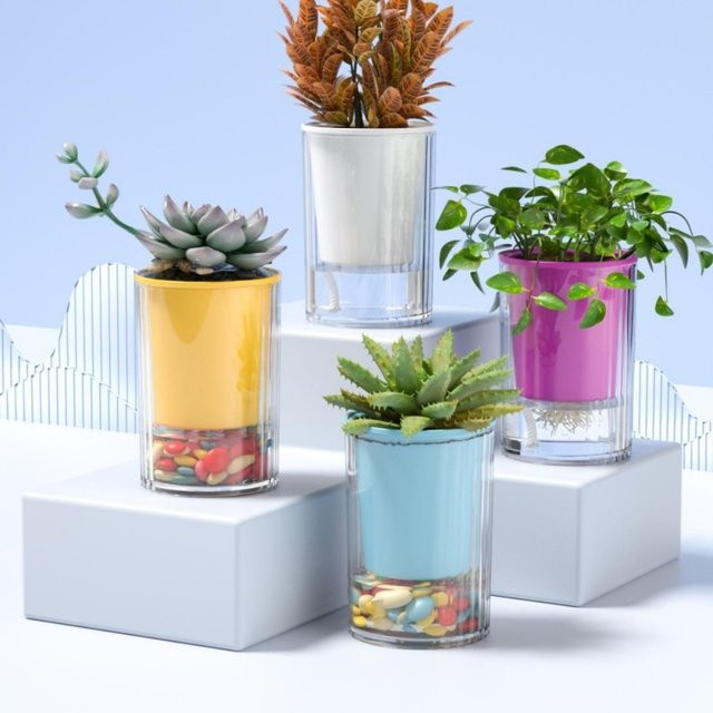 Selbstbewässernder hydroponischer Blumentopf im Boho-Stil aus Kunststoff, rund, transparent und blau, B/T/H: 10,0 x 7,0 x 10,0 cm - Bild 1