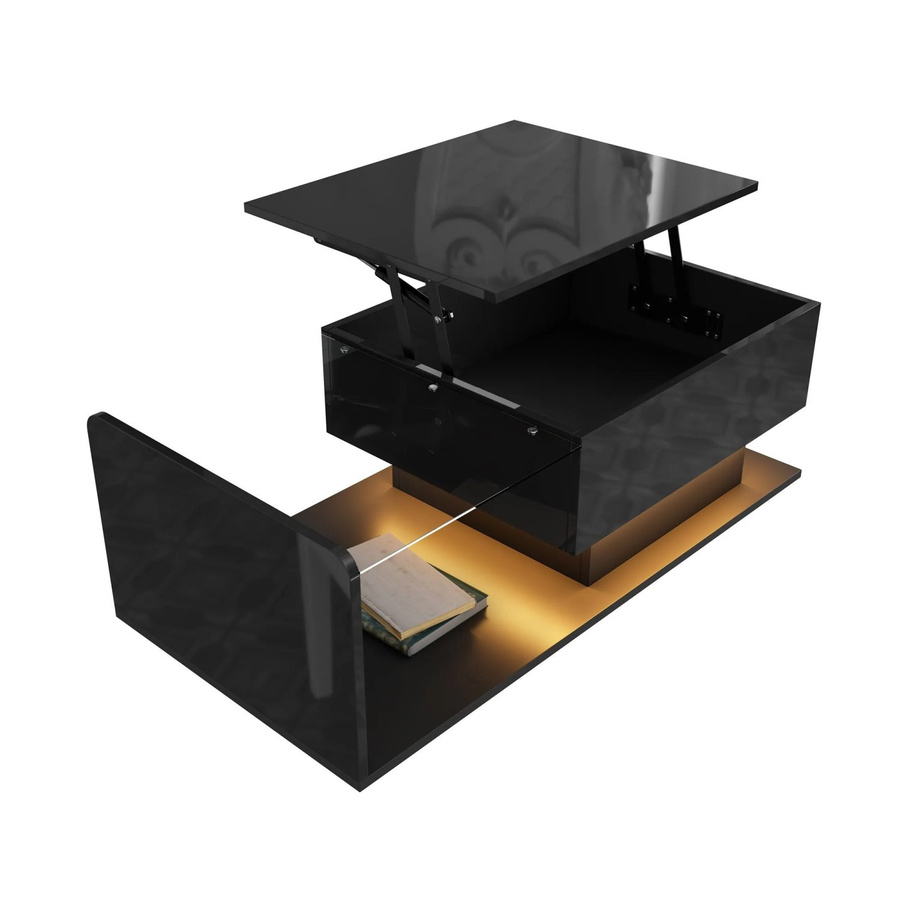 PXloue Couchtisch in Schwarz mit Hochglanz-Optik, Glasplatte und Hebefunktion, B/T/H: 100 x 50 x 47,5 cm - Bild 2