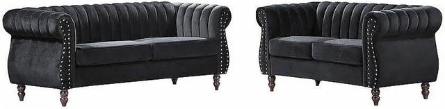 Vente-unique Couchgarnitur Trumbo Chesterfield aus Samt in Schwarz, bestehend aus einem 3-Sitzer und einem 2-Sitzer - Bild 1
