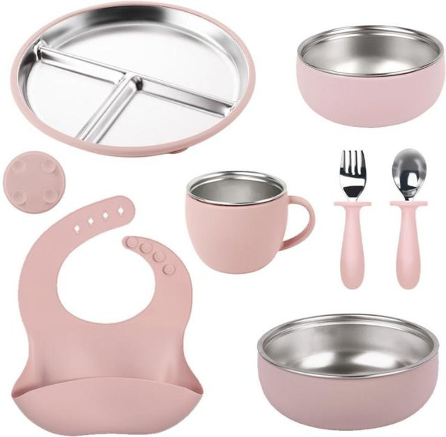 7-teiliges Kindergeschirr-Set DHDH aus Silikon und Edelstahl in Rosa mit Saugfüßen und ergonomischem Besteck, BPA-frei - Bild 1