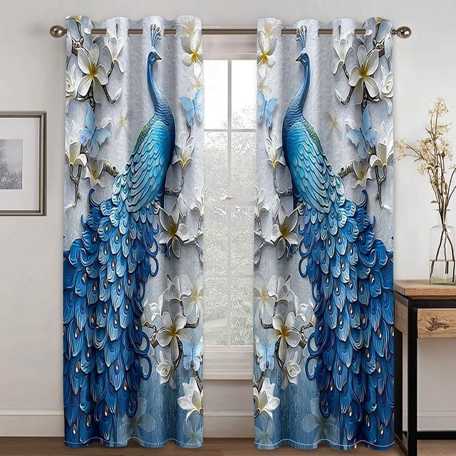 Yiran Furniture Luxuriöse Fenstervorhänge mit Vintage-Pfauenfeder und Blumen-Motiv, 2er-Set, halbtransparent, Polyester, B: 60 cm, H: 135 cm - Bild 1
