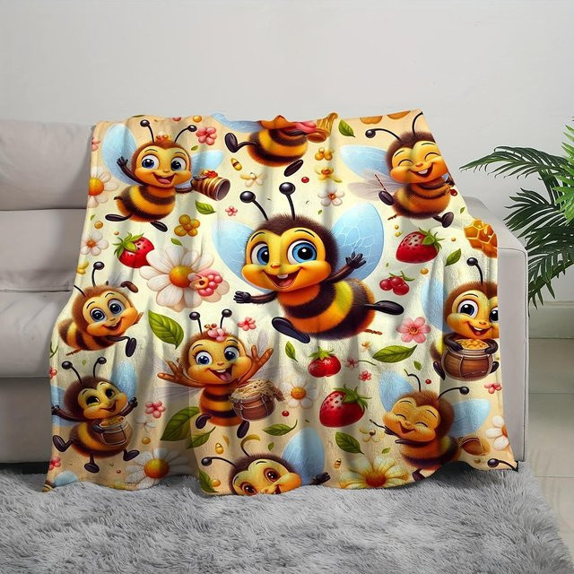 JMG Household Supplies Kuscheldecke mit Biene Cartoon Motiv, Wendbare Fleece-Flanell-Decke für Sofa und Zimmer, Mehrfarbig, B: 70 cm, H: 100 cm - Bild 1