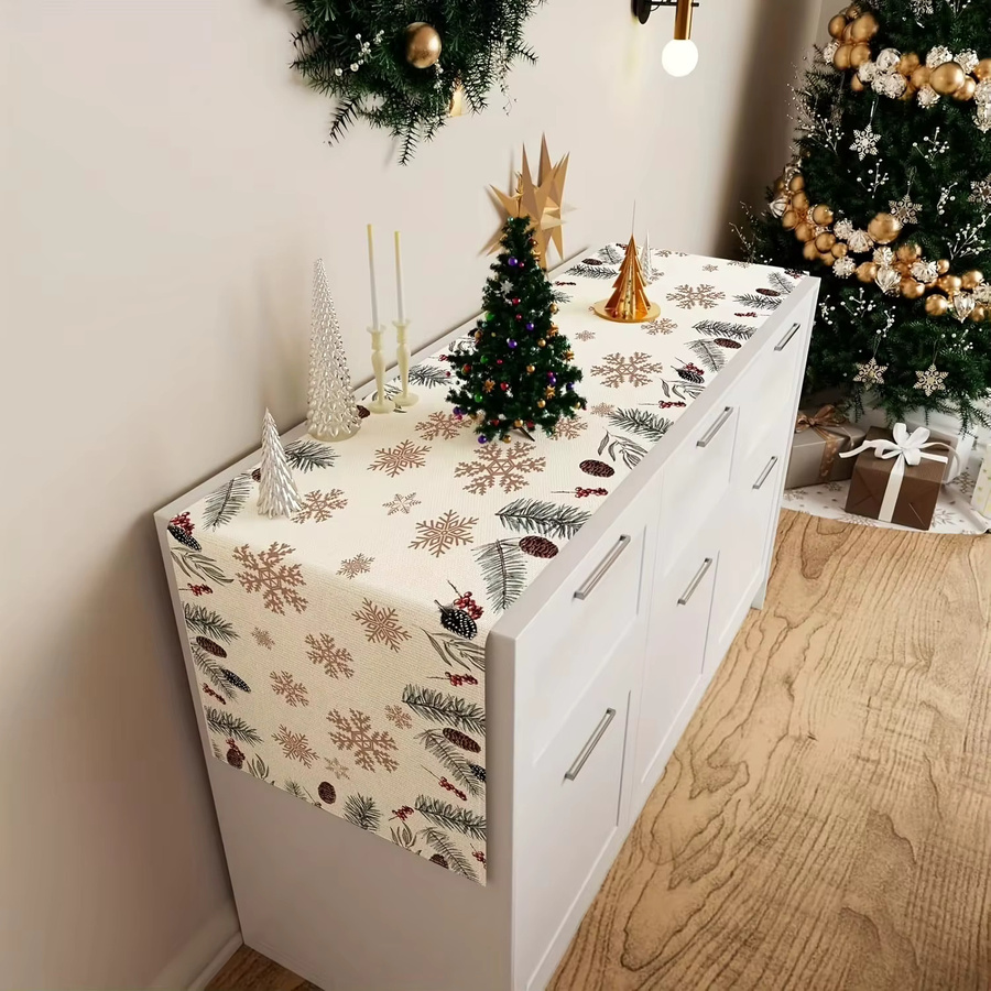 VIKAMA Tischläufer im skandinavischen Stil mit Schneeflocken, Kiefernhöfen und Beeren aus Baumwollleinen für deine Weihnachtsdekoration, B/H: 90 x 33 cm - Bild 4