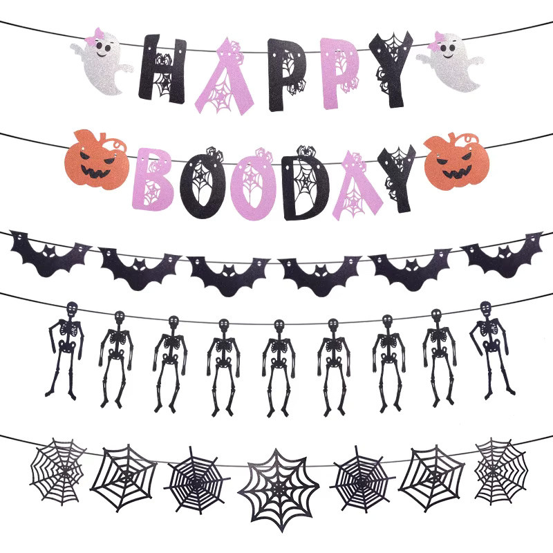 Halloween Party Girlanden aus Papier mit Kürbis, Geist, Fledermaus und Spinne in Mehrfarbig als Deko-Banner - Bild 2
