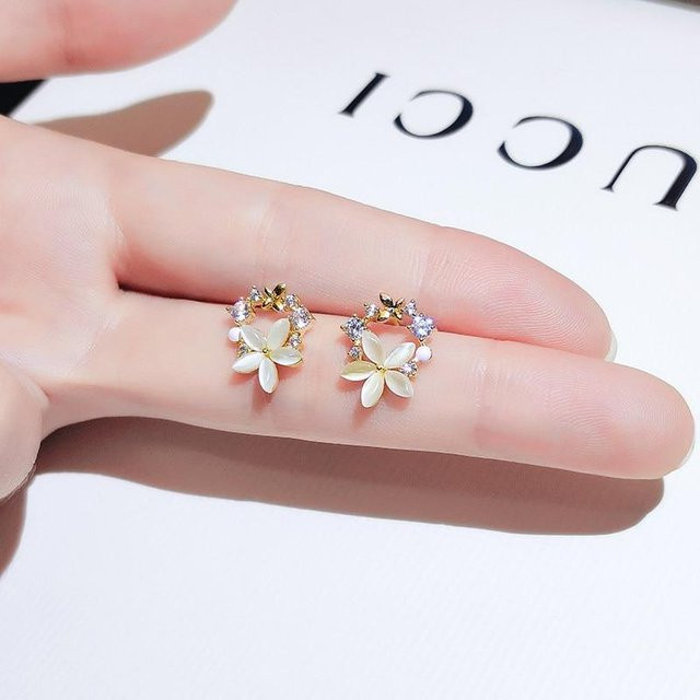 Ohrringe Damen, Sterling Silber, Imitation Opal, beige, Blüten - Bild 1