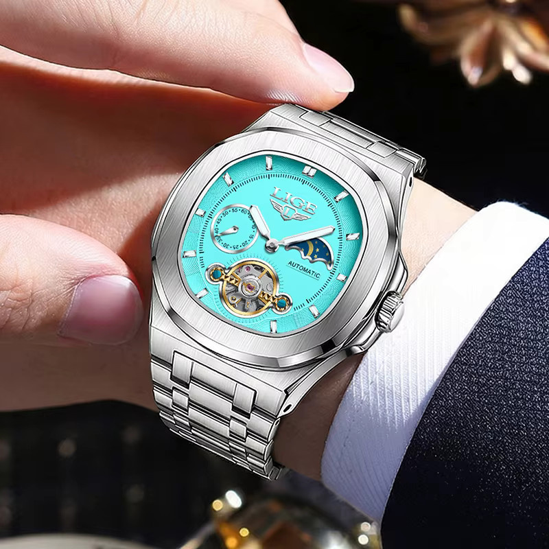 LIGE Armbanduhr, Automatik, Edelstahl, eckig, Herren, Silber, Blau - Bild 4
