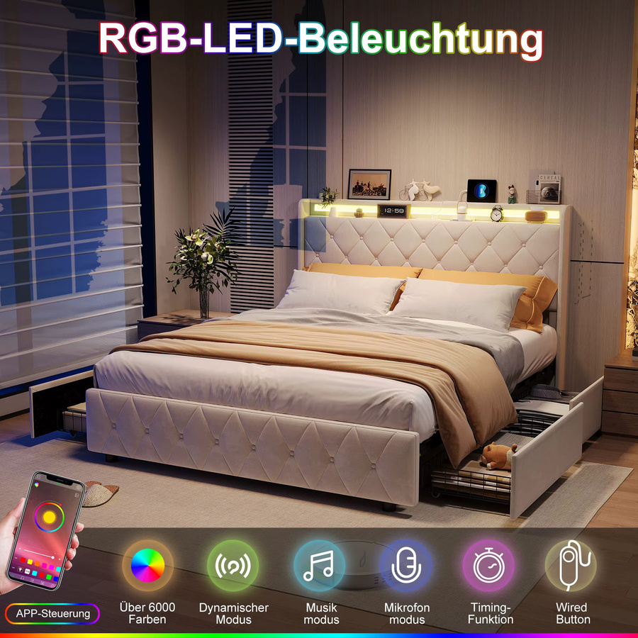 Modernes Plattformbett HYNHXBP aus Samt mit 4 Schubladen und diamantgestepptem Kopfteil in Beige, B/T/H: 90 x 200 cm, 140 x 200 cm oder 160 x 200 cm - Bild 4