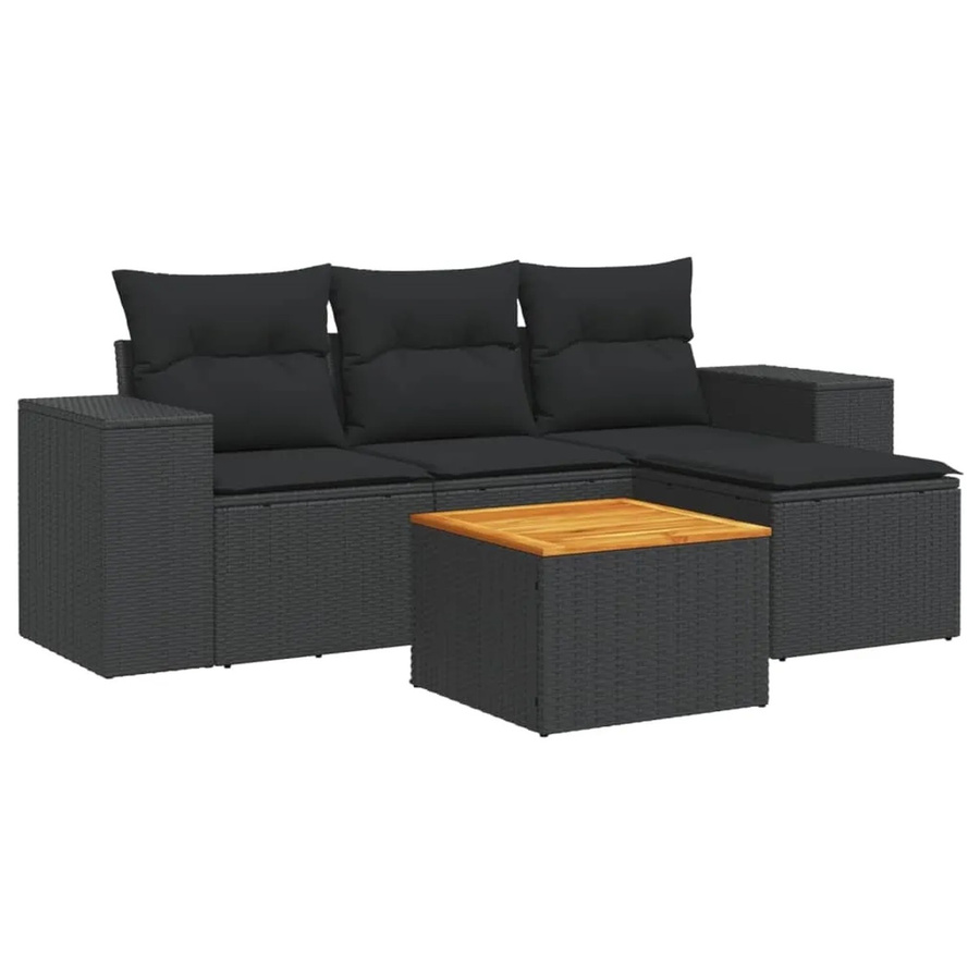 vidaXL 5-tlg Garten-Sofagarnitur aus Poly-Rattan und Akazienholz in Schwarz mit Kissen Modell 71 - Bild 2