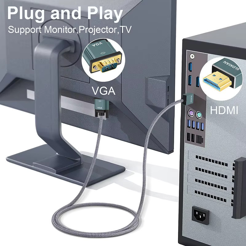 SHULIANCABLE HDMI-zu-VGA-Kabel mit Aluminiumlegierungsgehäuse und Nylonummantelung in Gold für Computer, Laptops und Projektoren - Bild 6