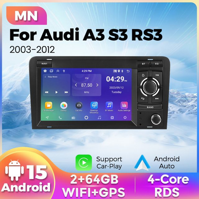 NAVIFANS Android 15 Kabelloses CarPlay Autoradio für Audi A3 8P 2003-2012 S3 RS3 Sportback in Schwarz mit 64G Speicher, Wi-Fi und Bluetooth - Bild 1