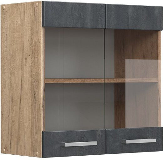 Vicco R-Line Küchen-Hängeglasschrank mit 2 Glastüren in Schwarz Beton und Eiche, Breite: 60 cm, Höhe: 31 cm, Tiefe: 31 cm - Bild 1