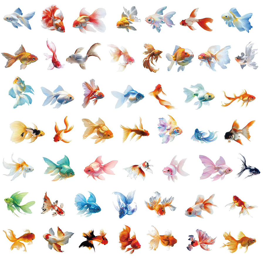 50 Stück Goldfisch Aufkleber Set aus wasserfestem PET in Gold und Multicolour für Notebook, Tasse und Telefonhülle - Bild 2
